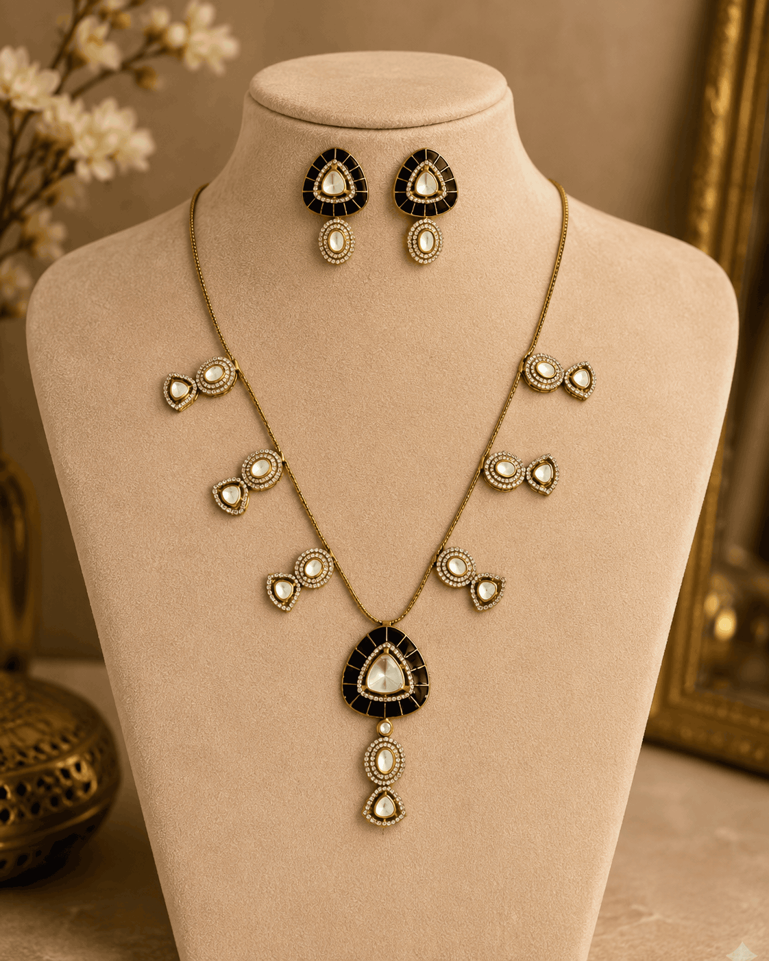 Black teardrop pendant necklace with small gold bow accents and matching drop earrings
