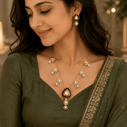 Gold black teardrop pendant necklace set with matching earrings worn with embroidered dress