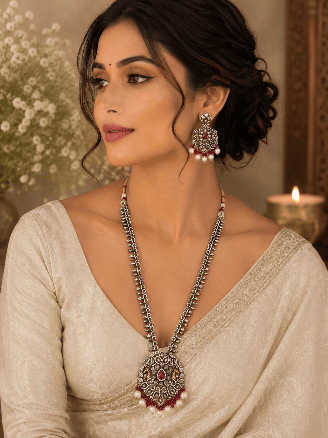 Wine statement necklace and earrings on model: silver-tone maroon pendant with dangling pearl drops