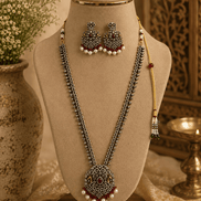 Wine statement necklace set with silver-tone chains, maroon heart pendant, pearl drop earrings