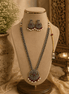Wine statement necklace set with silver-tone chains, maroon heart pendant, pearl drop earrings