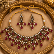 Gold-tone necklace set with maroon-red gemstone fringe and matching stud-and-drop earrings