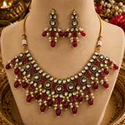 Gold-tone necklace and drop earrings with maroon-red gemstones and pearl accents