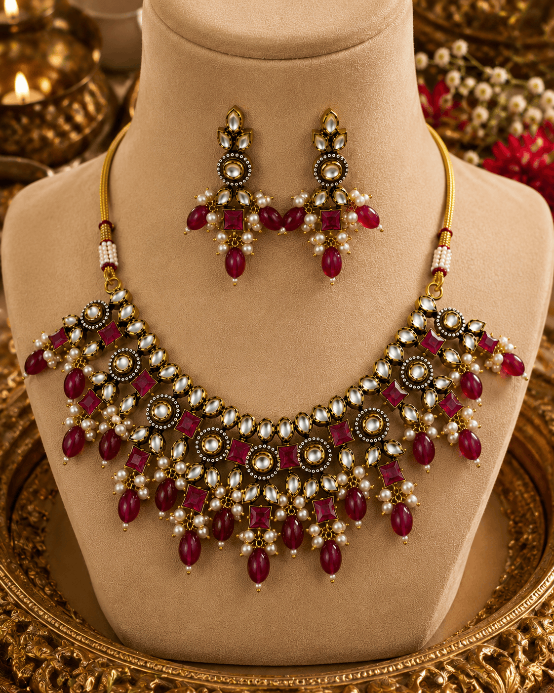 Gold-tone necklace and drop earrings with maroon-red gemstones and pearl accents