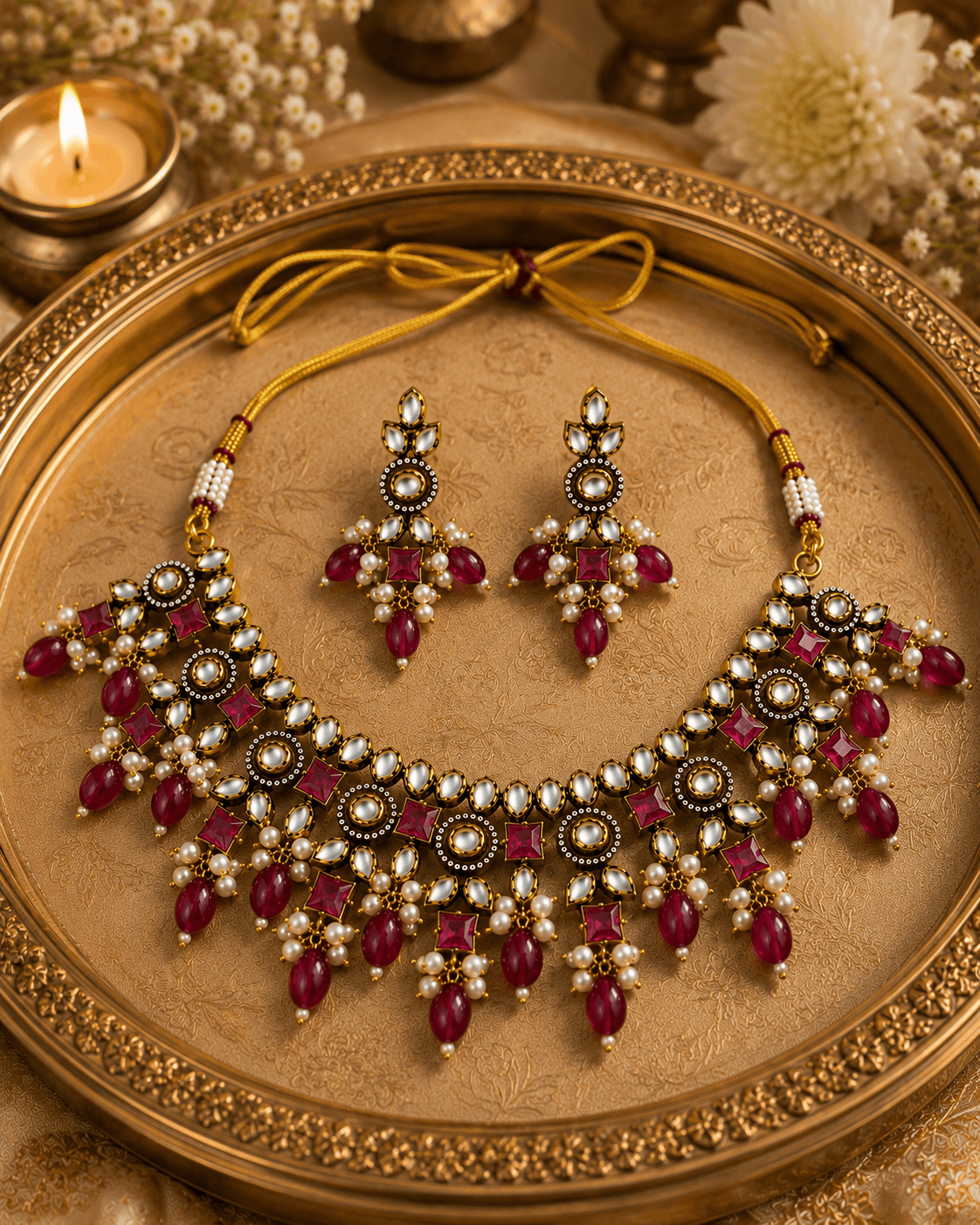 Gold-tone necklace set with maroon-red gemstone fringe and matching drop earrings