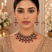 Gold-tone necklace set with maroon-red gemstone fringe and matching drop earrings