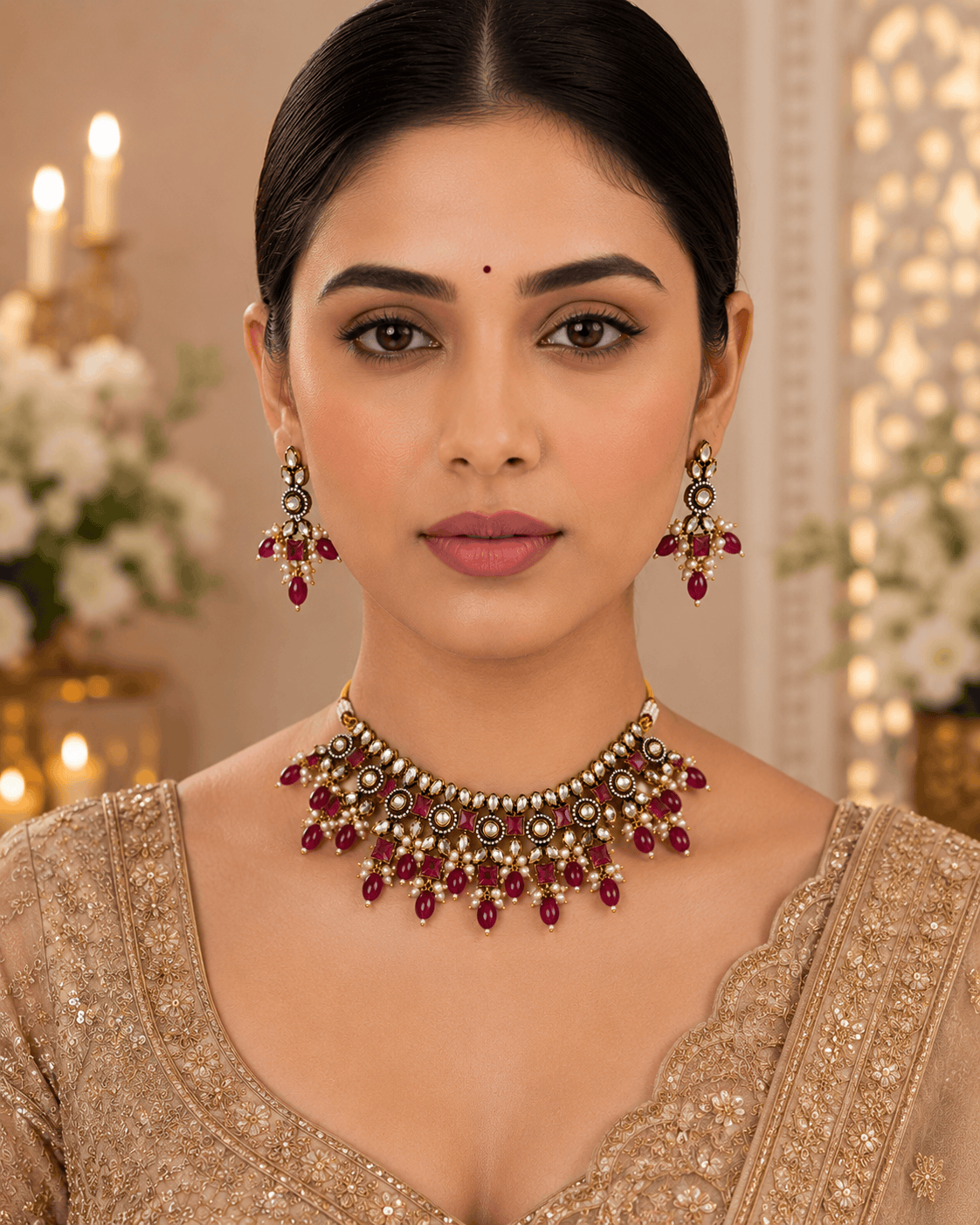 Gold-tone necklace set with maroon-red gemstone fringe and matching drop earrings