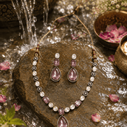 Necklace set with pink teardrop pendant and matching earrings