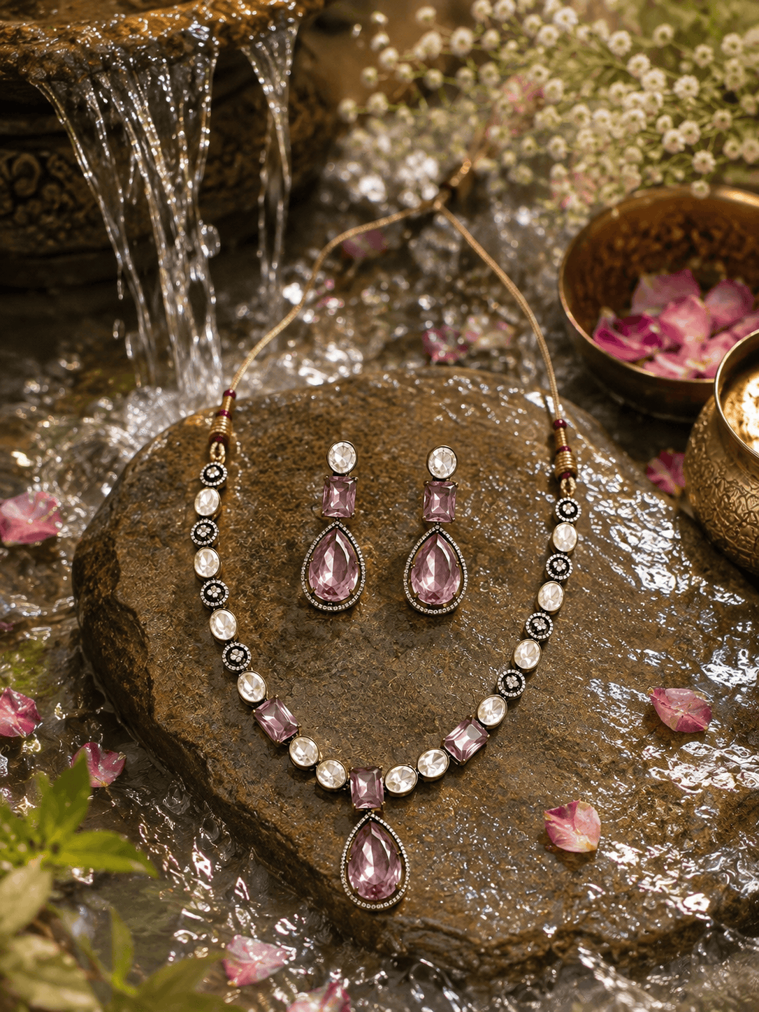Necklace set with pink teardrop pendant and matching earrings