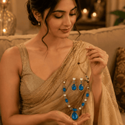 Blue crystal necklace set with layered bead rows and matching drop earrings