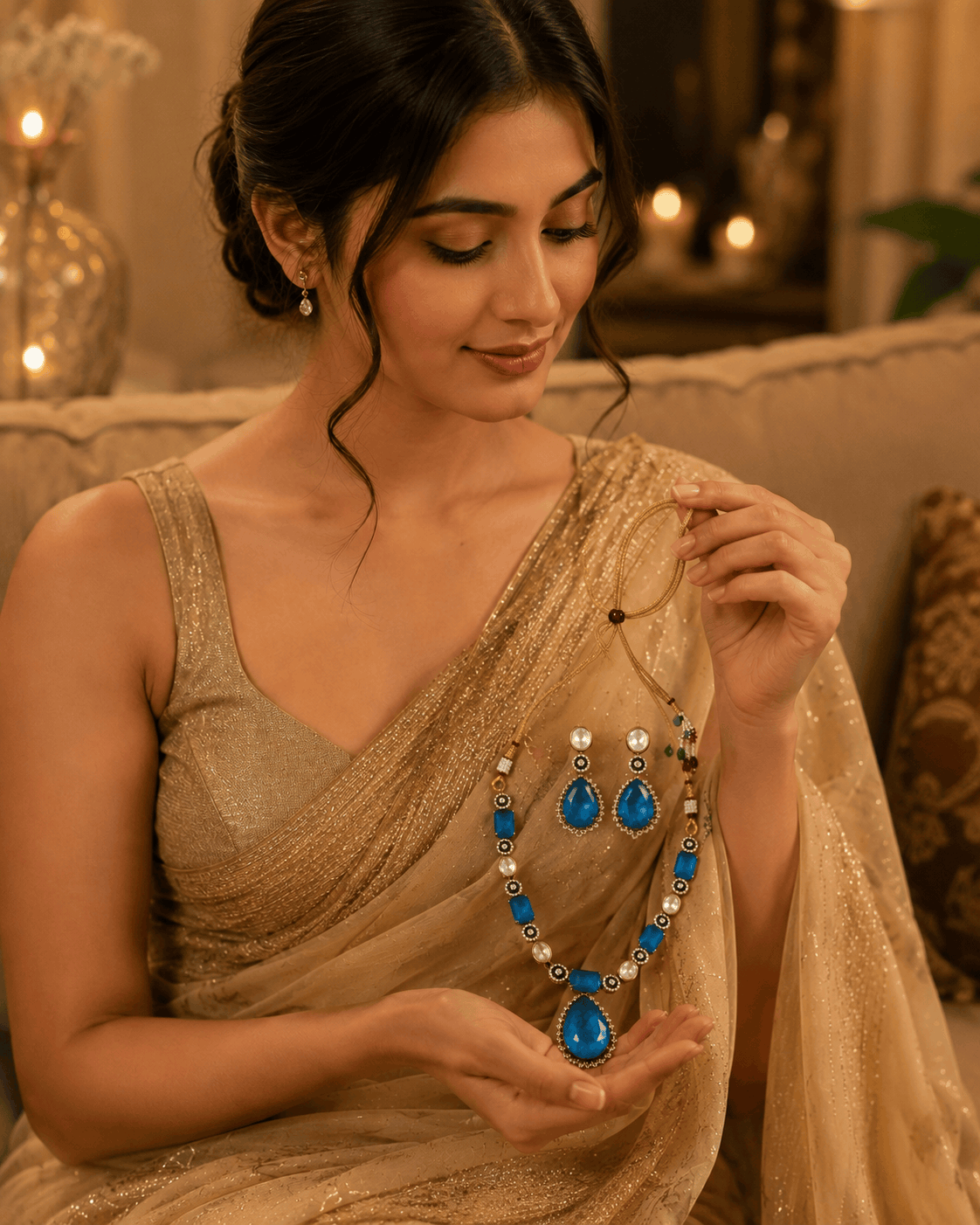Blue crystal necklace set with layered bead rows and matching drop earrings