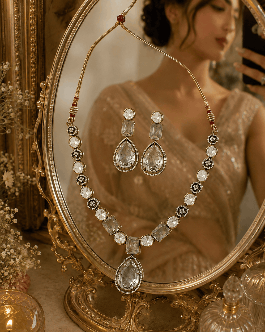 Clear teardrop crystal necklace set with matching drop earrings and oval stone details
