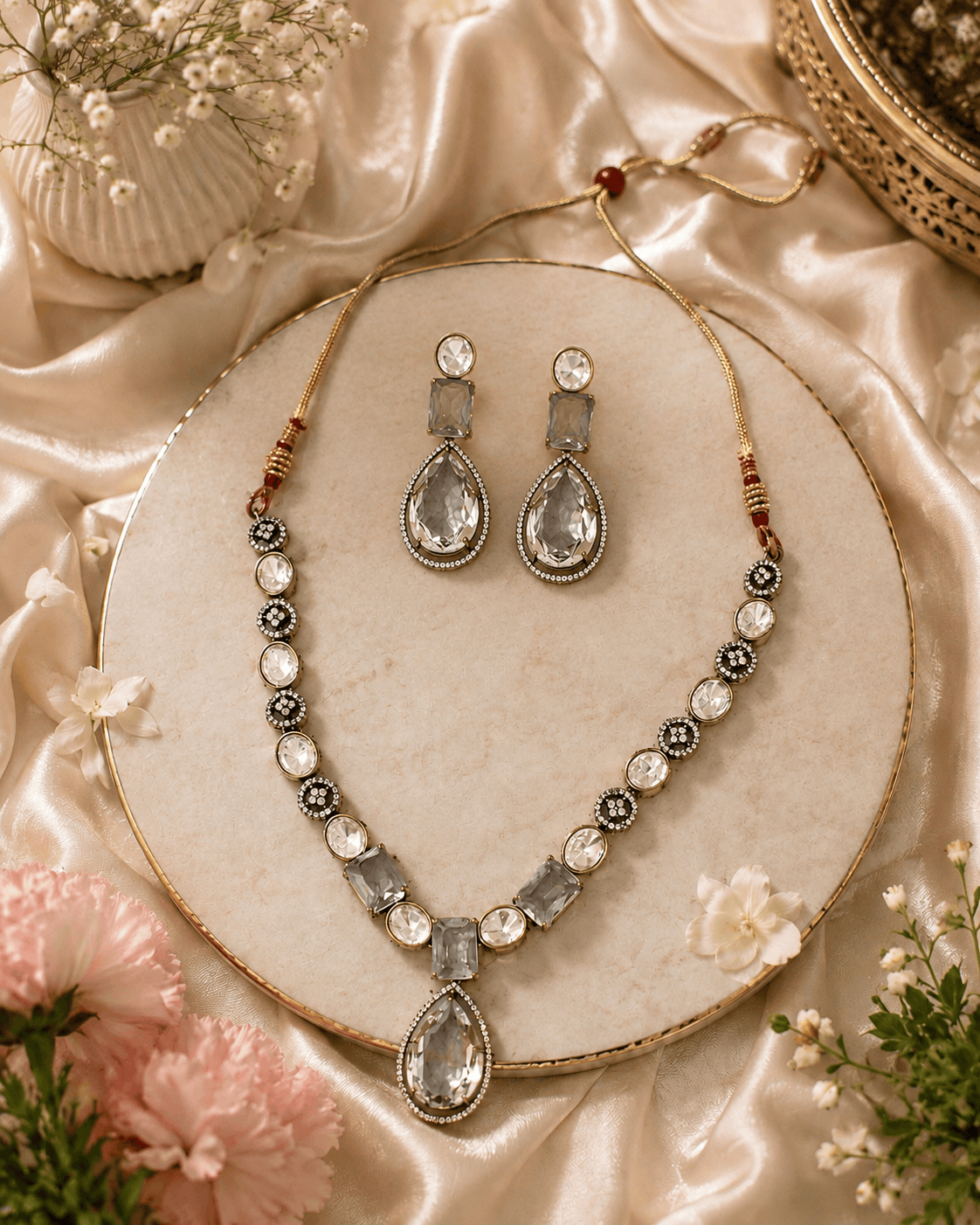Clear teardrop crystal necklace set with oval connectors and stud drop earrings