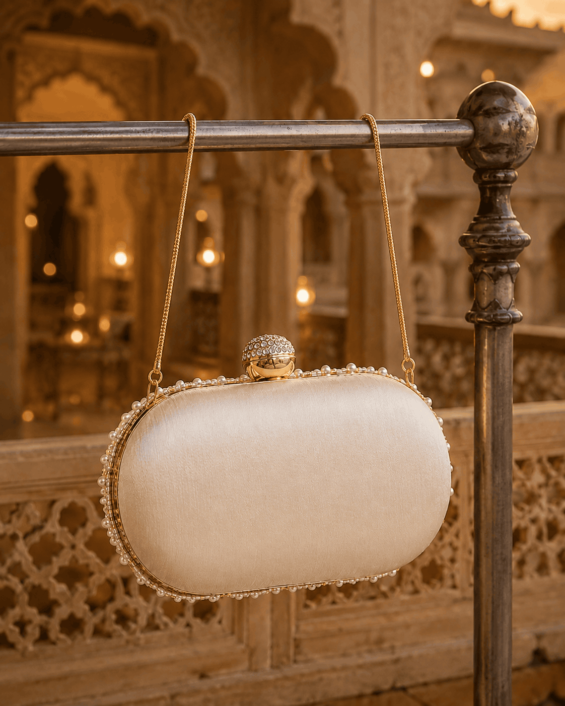 Cream fabric half-moon clutch with gold beaded trim and small top clasp