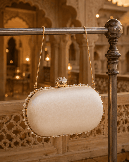 Cream fabric half-moon clutch with gold beaded trim and small top clasp