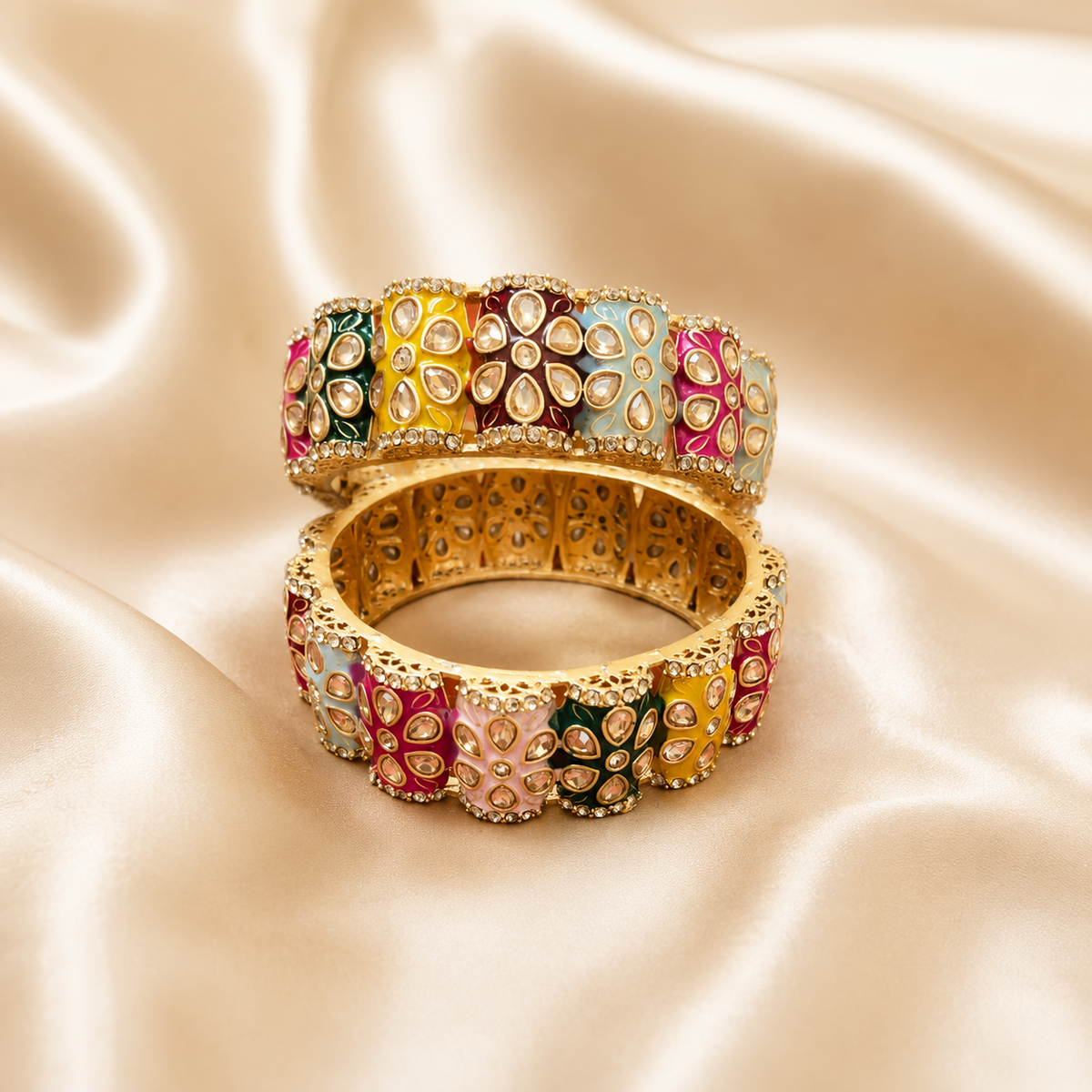 Kundan enamel bangle set, gold bangles with red and green circular kundan motifs