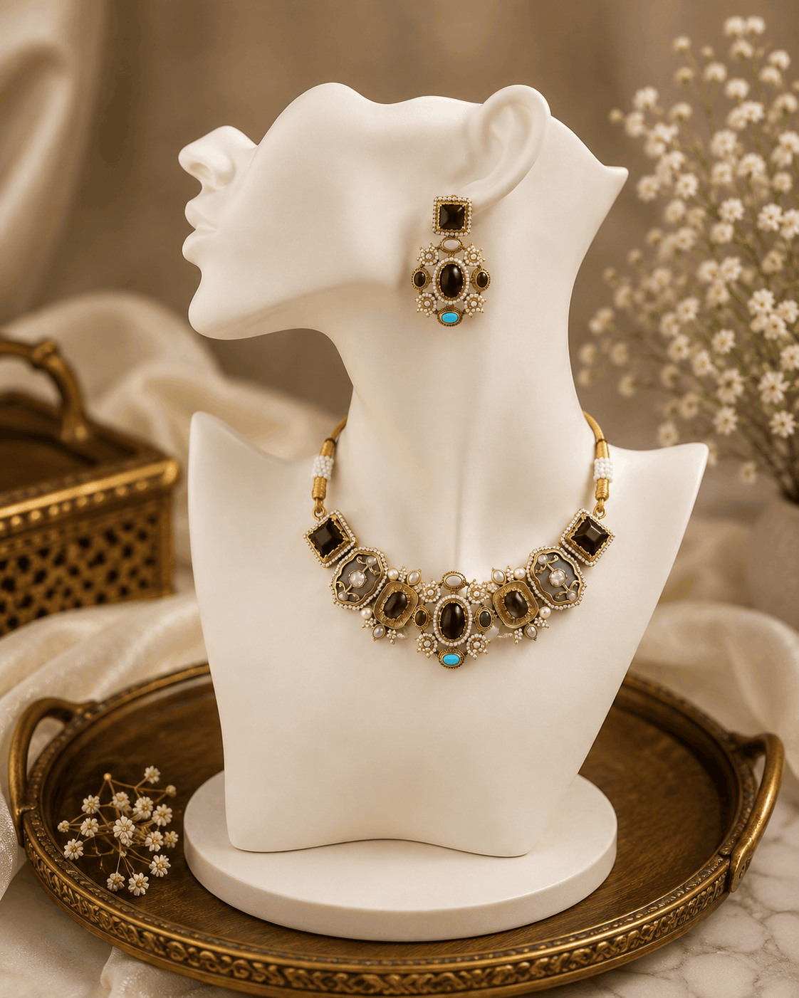 Gold-tone choker necklace set with purple and teal stones; matching drop earrings