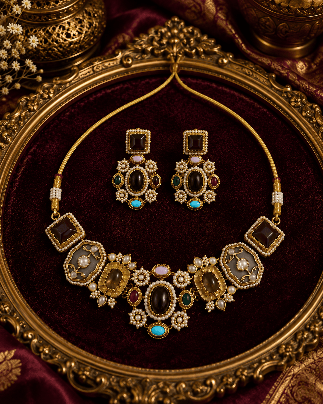 Gold-tone necklace set with purple and teal gemstones on tray; matching drop earrings