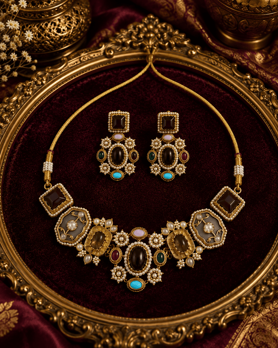 Gold-tone necklace set with purple and teal gemstones on tray; matching drop earrings