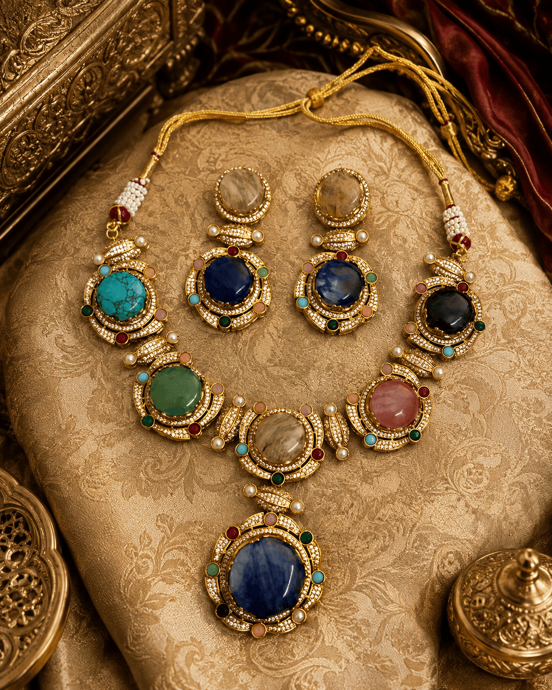 Gold-tone necklace and earrings set with blue, green, pink, and clear oval gemstones