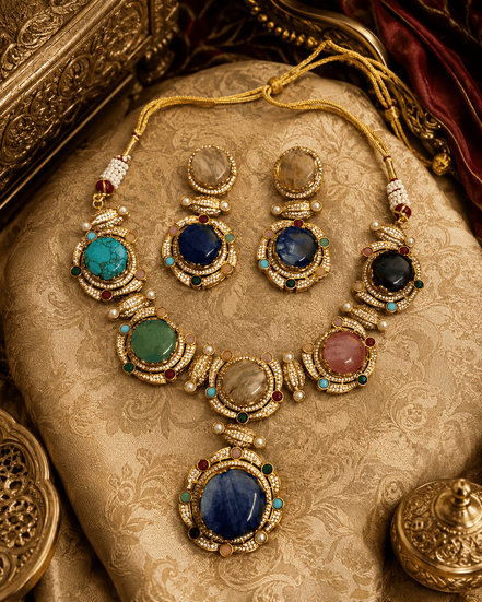 Gold-tone necklace and earrings set with blue, green, pink, and clear oval gemstones