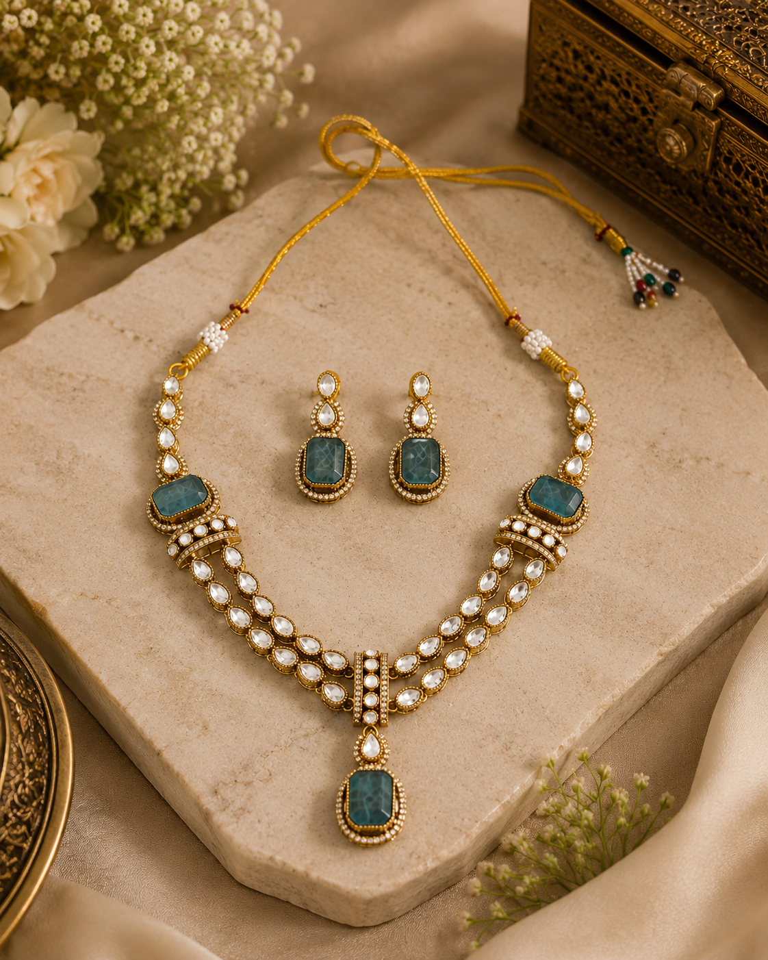 Gold kundan necklace set with peacock-blue teardrop stones, pearl-like beads, and drop earrings