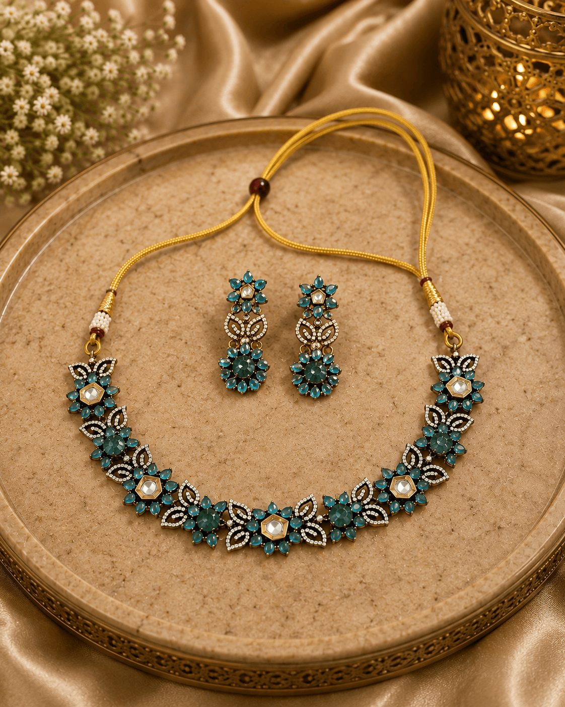 Peacock blue gemstone necklace set with floral detailing and matching drop earrings