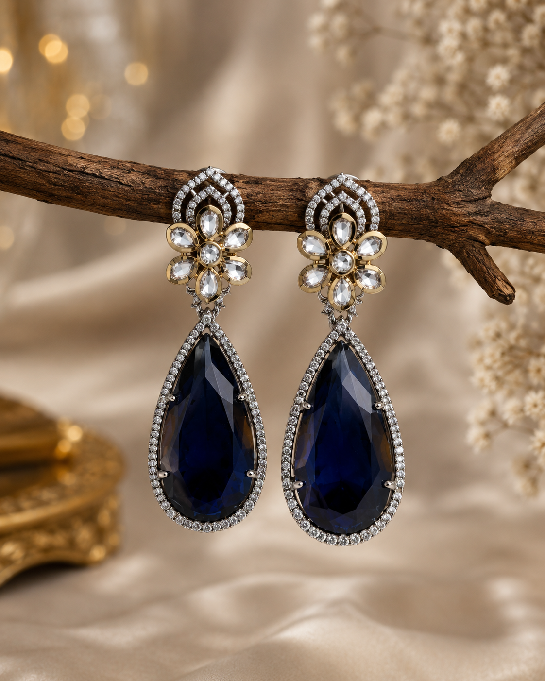 Statement floral teardrop earrings with faceted peacock blue stones and rhinestone trim