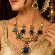 Gold-tone statement necklace with blue and green gemstones and matching drop earrings