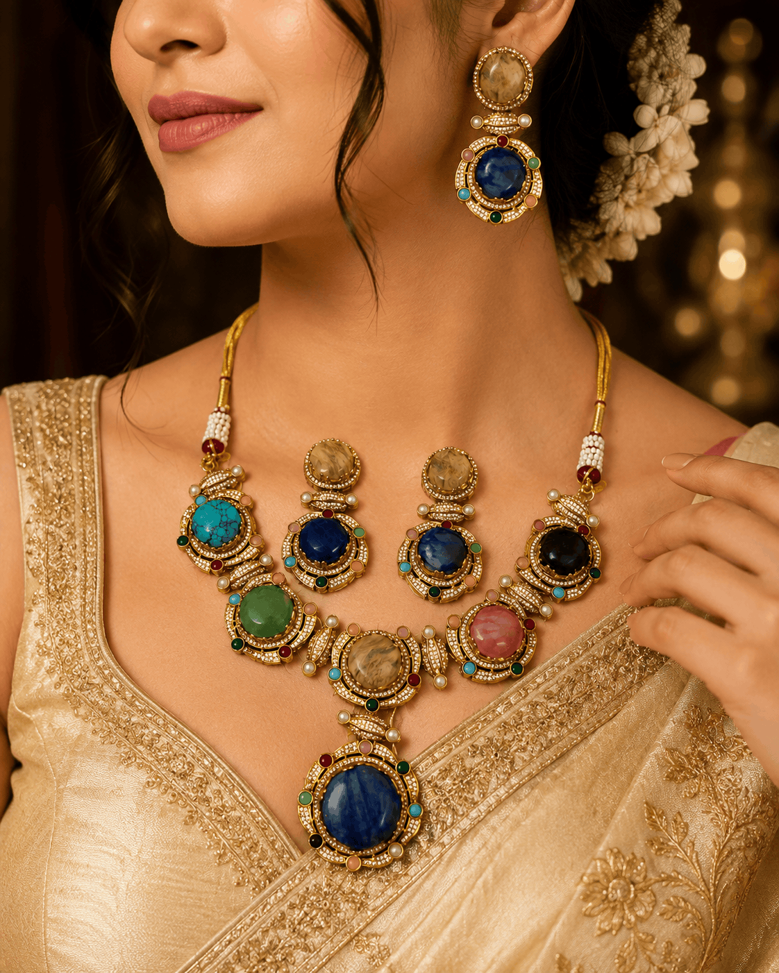 Gold-tone statement necklace with blue and green gemstones and matching drop earrings