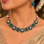Peacock blue gemstone choker necklace with teardrop earrings and floral drops