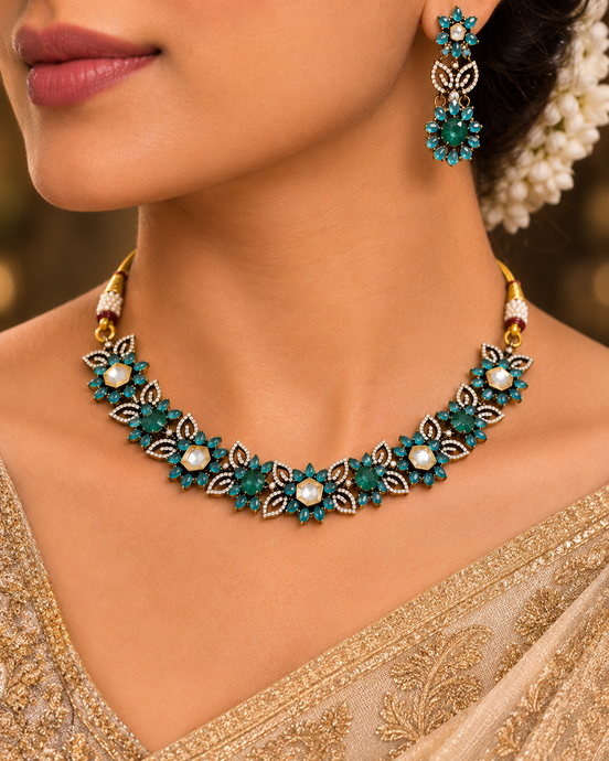 Peacock blue gemstone choker necklace with teardrop earrings and floral drops