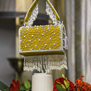 Mustard beaded pearl crystal fringe handbag with jeweled top and dangling strands