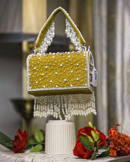 Mustard beaded pearl crystal fringe handbag with jeweled top and dangling strands
