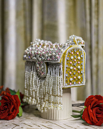 Mustard beaded pearl crystal fringe bag with jeweled frame and shoulder strap