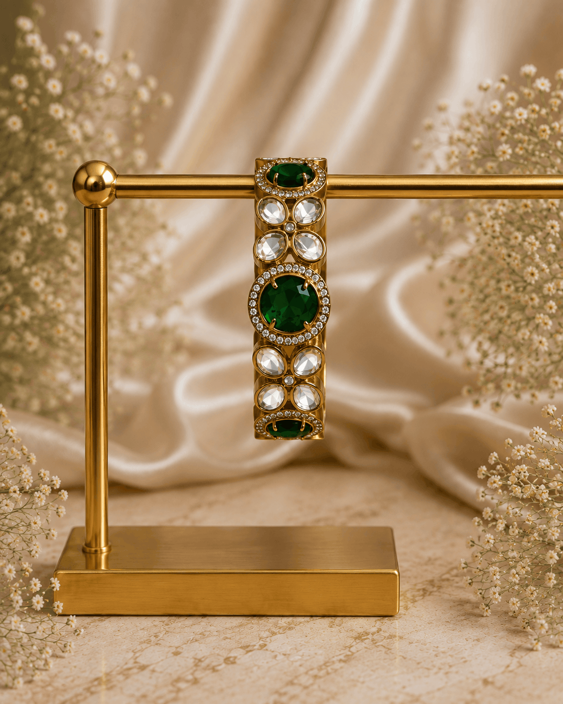 Gold-tone stone bracelet with green oval centers and clear round accents, on stand