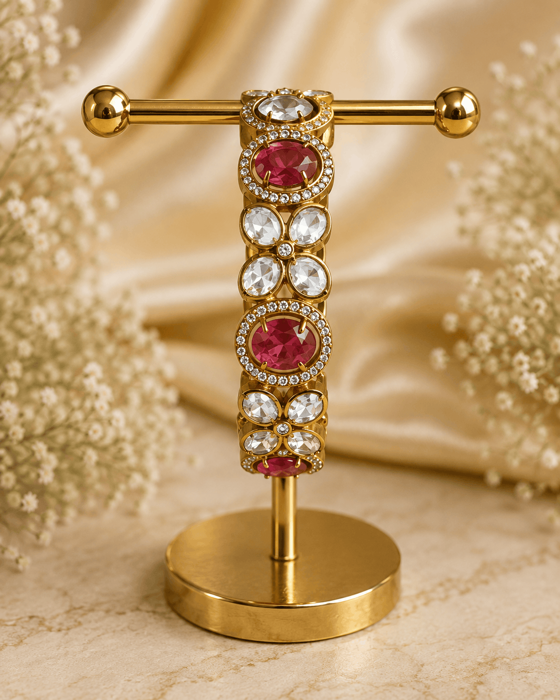Gold-tone stone bracelet with ruby-red oval centers and clear round accents, on stand