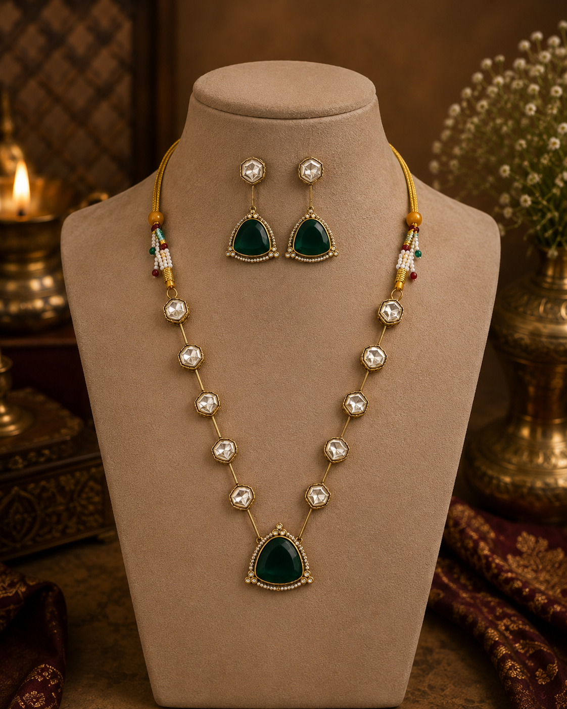 Gold-toned layered necklace with dark green teardrop pendant and multicolor bead accents