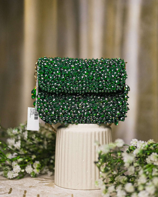 Emerald green crystal mini bag with flap, beaded shine, and chain strap