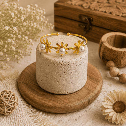 Gold-tone open cuff bracelet with floral charms and pearl beads