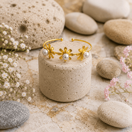 Gold-tone open cuff bracelet with three flower charms and pearl accents
