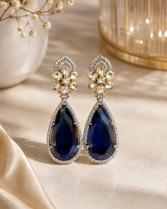 Floral teardrop statement earrings with blue gemstone drops and crystal flower tops