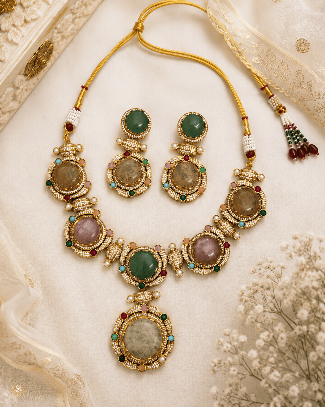 Gold-tone necklace and four matching earrings with green, blue, and pink gemstones