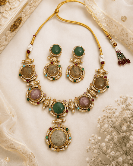 Gold-tone necklace and four matching earrings with green, blue, and pink gemstones