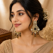 Chandbali earrings with gold-tone kundan, green stones, dangling teardrops.