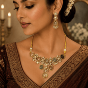 Gold-tone necklace with multicolor stones and matching dangling earrings on model