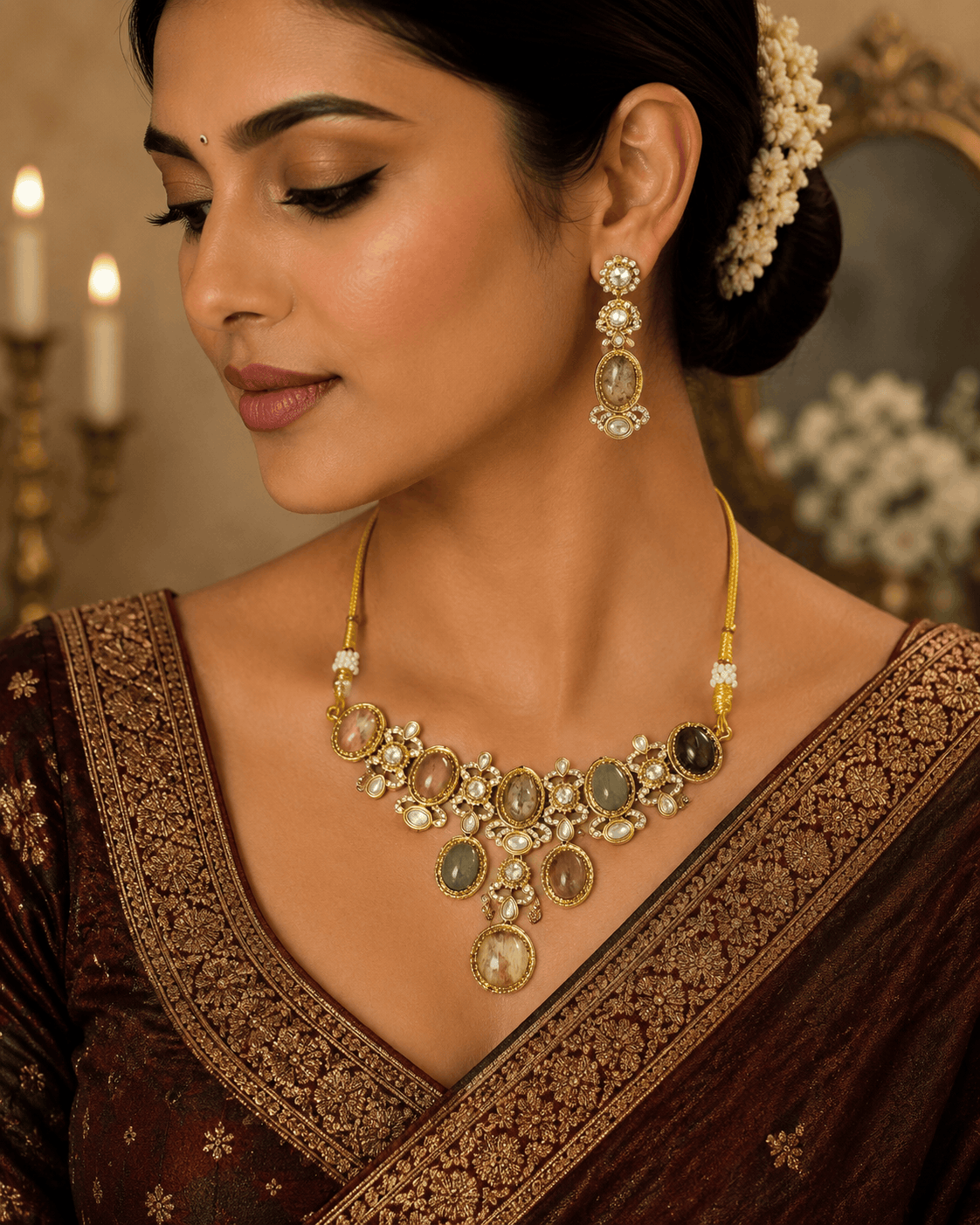 Gold-tone necklace with multicolor stones and matching dangling earrings on model