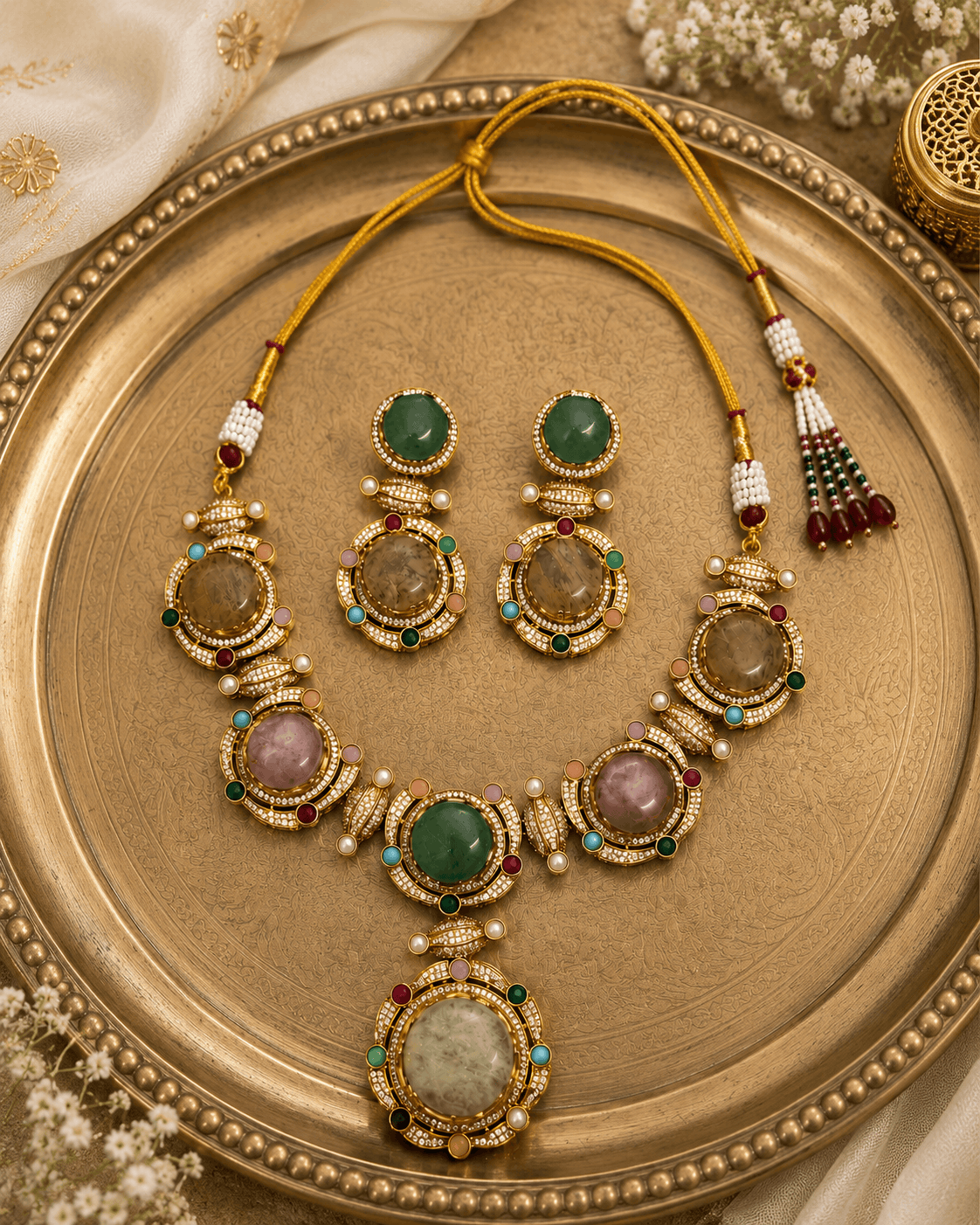 Gold-tone necklace set with round and oval gemstone earrings and a large pendant