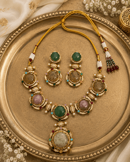 Gold-tone necklace set with round and oval gemstone earrings and a large pendant