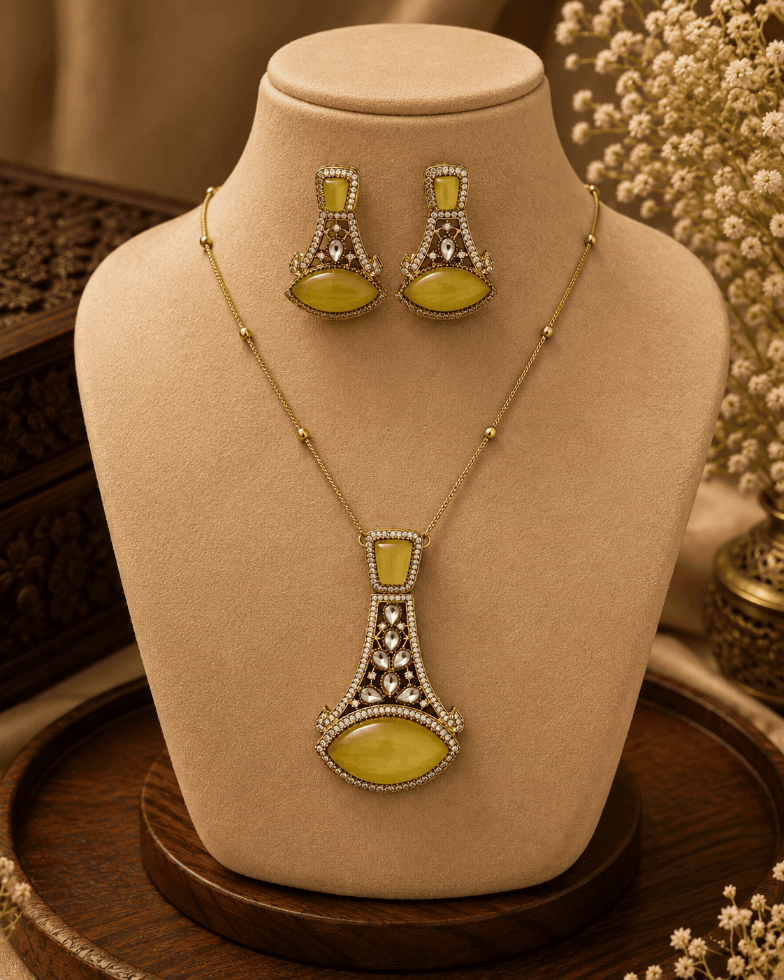 Gold-tone pendant necklace set with yellow-green teardrop earrings and central pendant